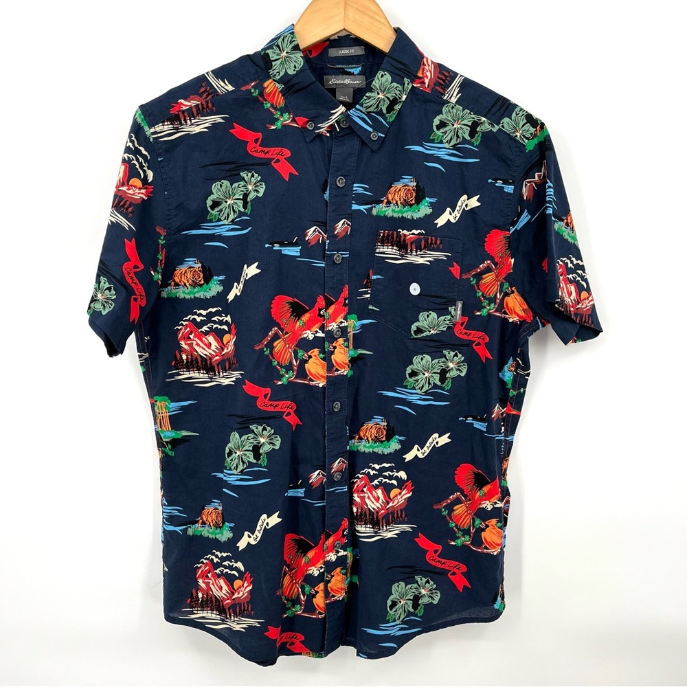 Eddie Bauer 100% Cotton Tropical Print button down shirt.